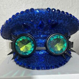 Blue Sequin Festival Hat with Green Prism Goggles